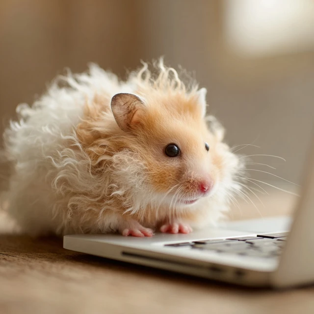 Hamster with Curly Hair Working on Laptop