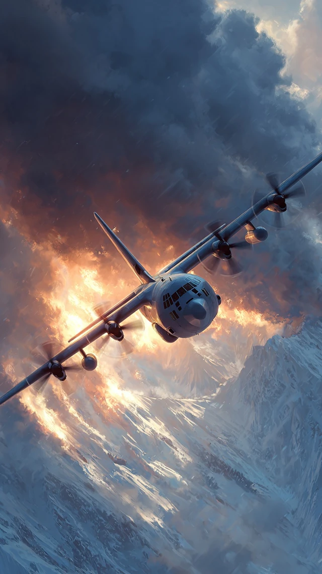Burning Plane Over Mountains Dramatic Artwork