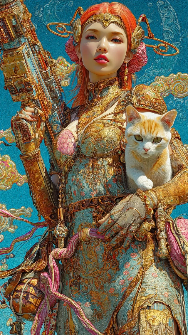 Asian Warrior Girl with Laser Gun and Cat