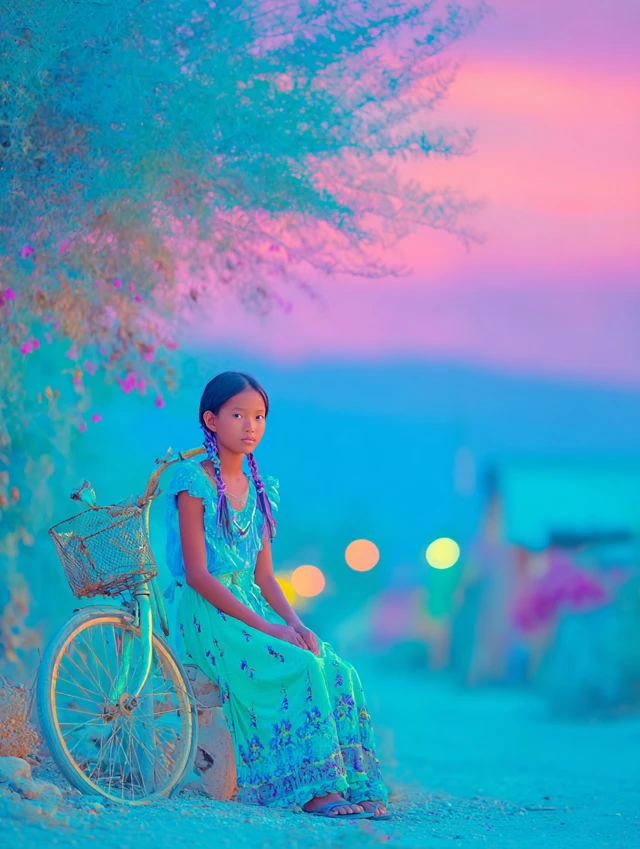 Girl with Broken Bike Evening Reflection
