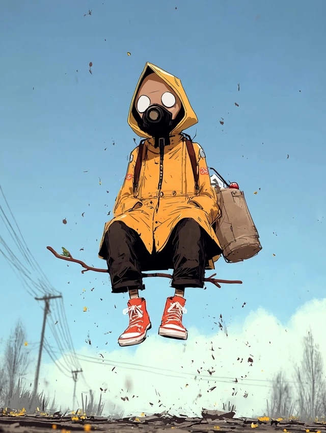 Anime Character Flying in the Sky with a Gas Mask