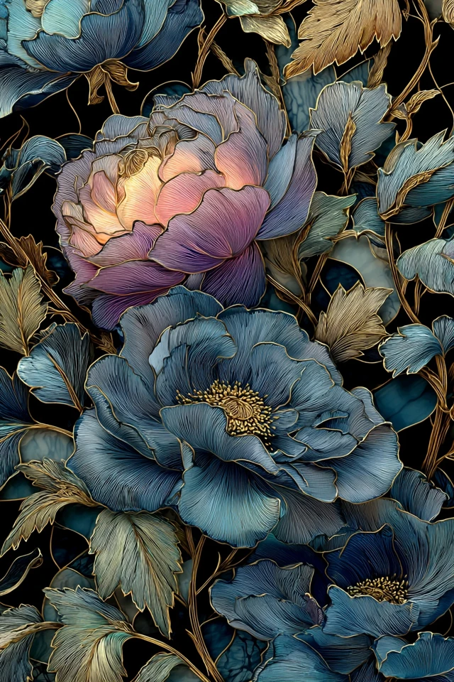 Navy Blue Flowers Stained Glass Art with Gold Accents