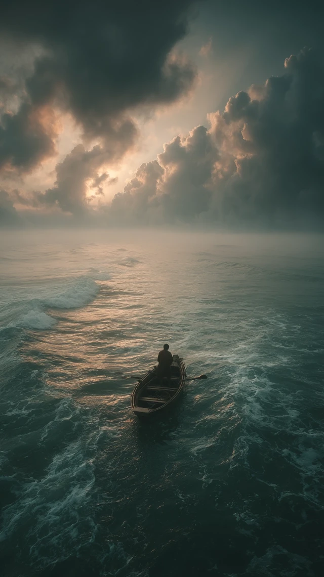 Man on Boat in Vast Ocean Cinematic Loneliness