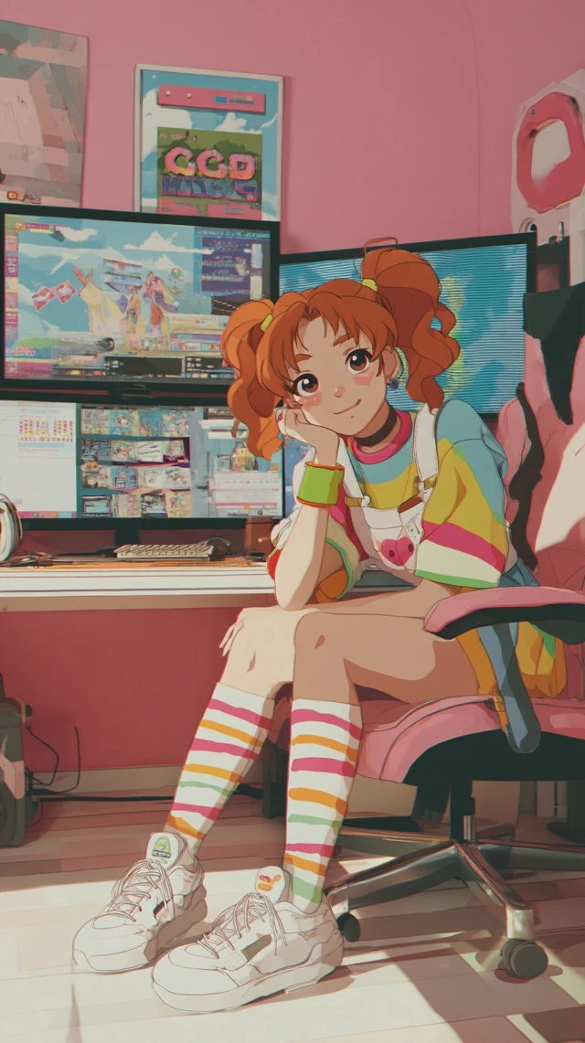 90s Anime Girl with Pigtails and Striped Socks