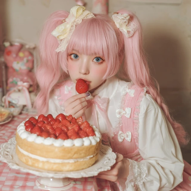 Anime Girl with Pink Hair and Strawberry Cake