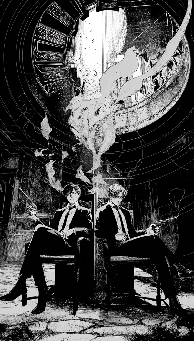 Manga Scene Two Men with Guns on Staircase