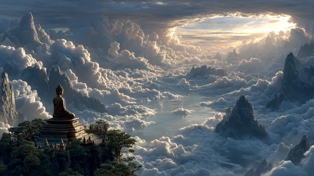 Buddha in Heavenly Clouds Surreal Landscape