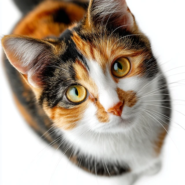 Calico Cat Close Up Portrait on White Background