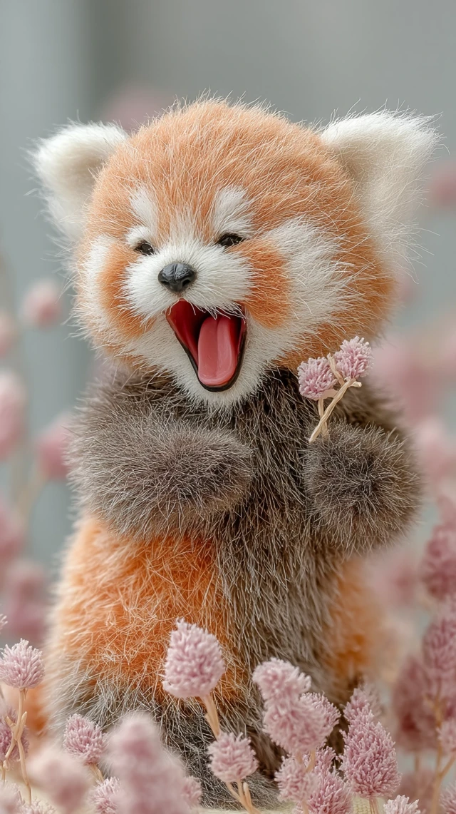 Cute Baby Red Panda Yawning in a Pastel Garden