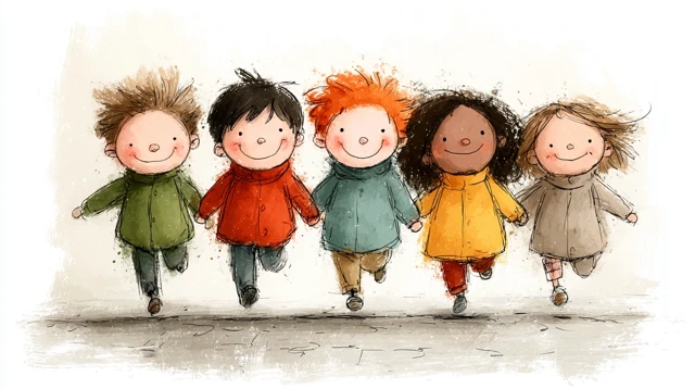 Cute Cartoon Kids Playing Together in the Schoolyard