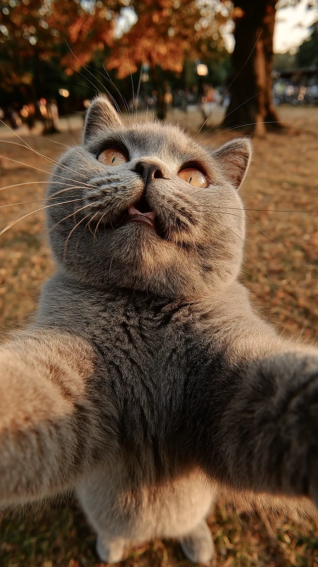 Funny Scottish Fold Cat Selfie at Park