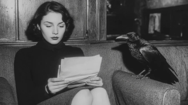 Hitchcockian Scene Woman with Crow Black and White