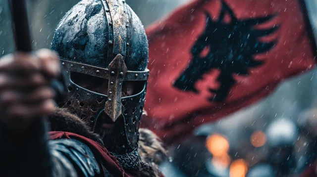 Medieval Warrior in Battle with Wolf Banner