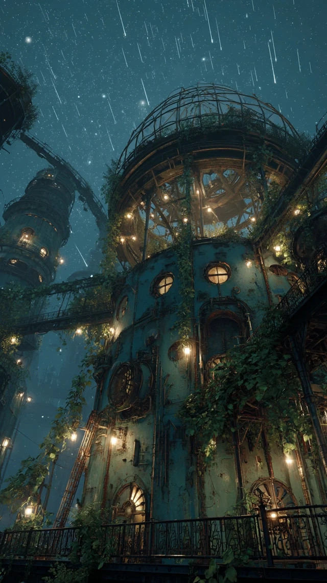 Steampunk City in Decay Nighttime Scene