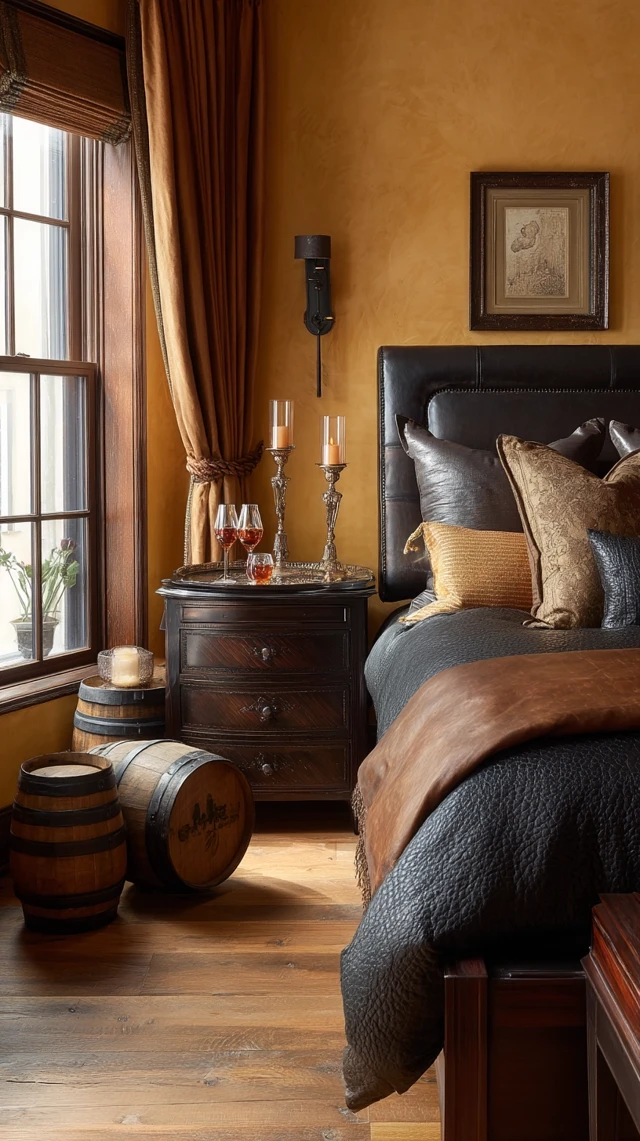Cozy Bedroom Amber Walls Walnut Furniture