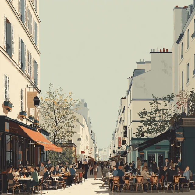 Parisian Street Scene Minimalist Illustration