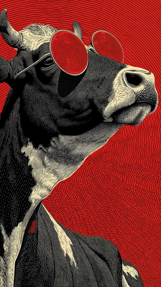 Bauhaus Cow Advertising Poster with Red Spectacles