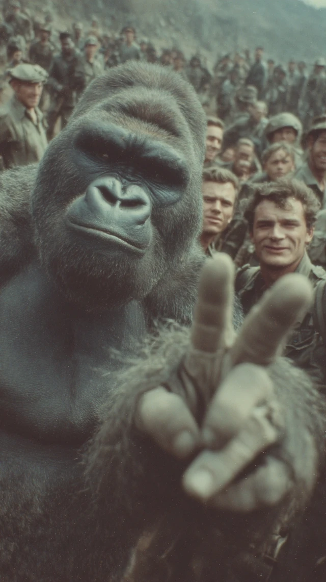 Gorilla and Soldiers Making Peace Sign
