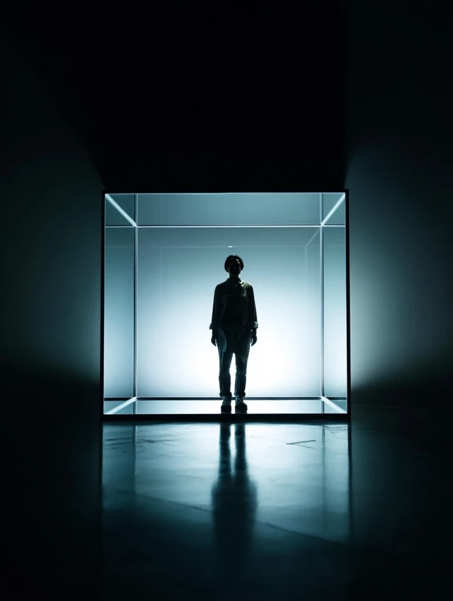 Futuristic Glass Cube Silhouette Art Installation