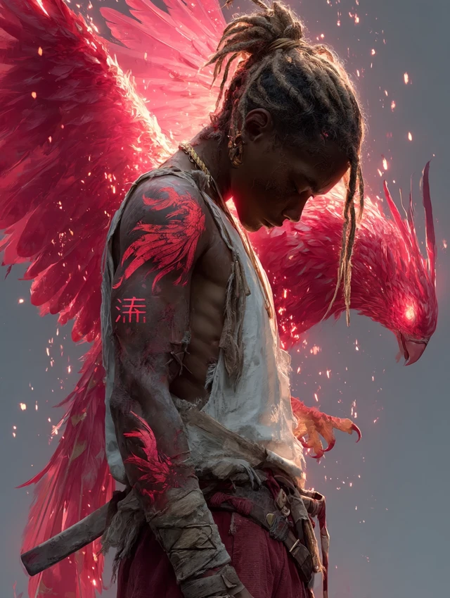 Anime Warrior and Phoenix Spirit 4K Illustration