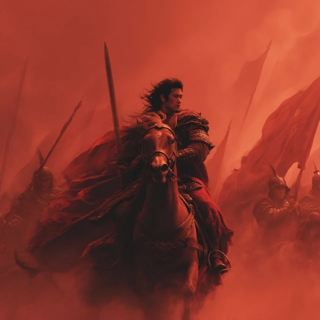 Epic Chinese Hero on Horseback Red Flames