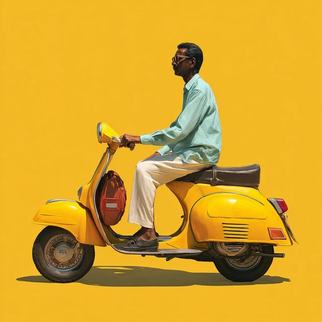 Indian Man on Yellow Scooter Vintage 1980s Style