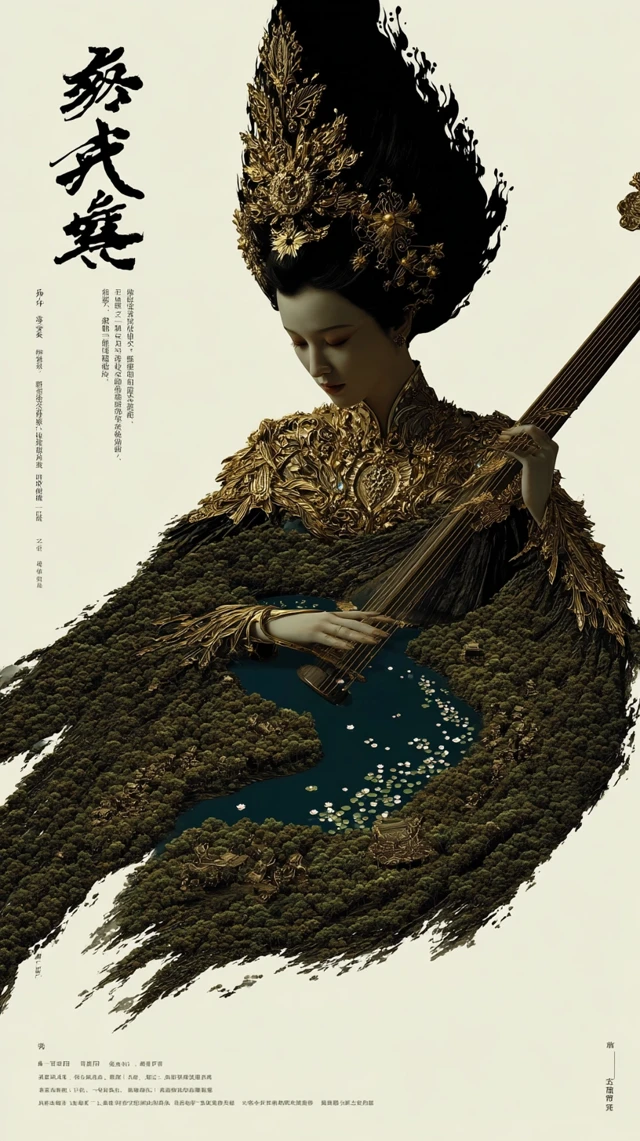 Tang Dynasty Lady Playing Guitar Art Poster