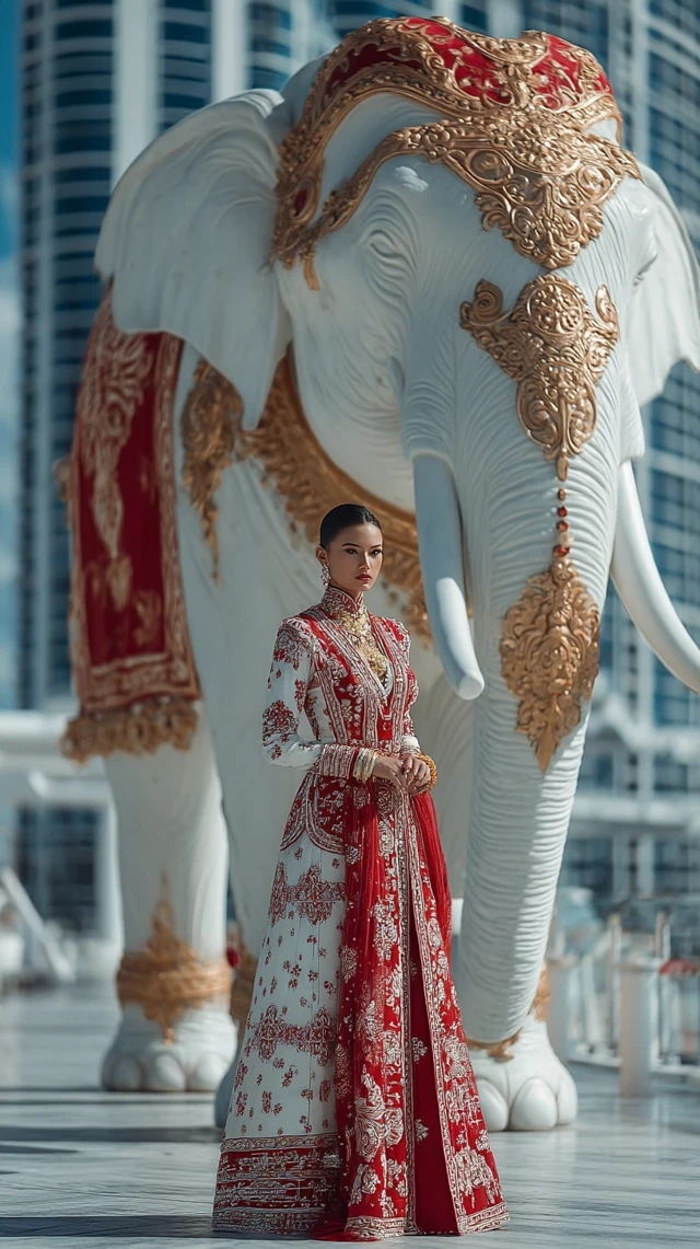 Thai Woman in Royal Dress with White Elephant