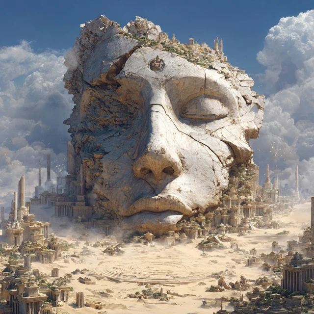 Ancient God Statue in Wasteland Fantasy Art