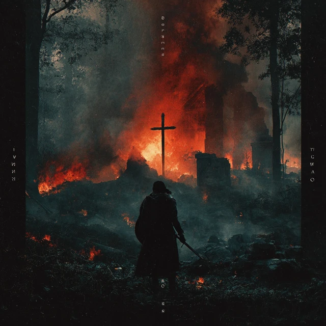 Metal Album Cover Battlefield Silhouette and Burning Cross