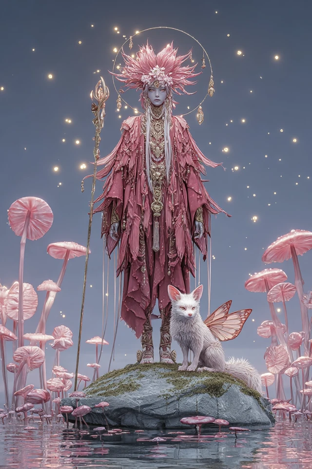 Mythical Shaman Rose Figure in Enchanted Glade