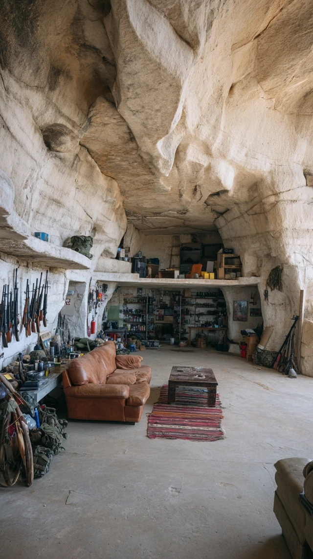Cave Shelter Living Room - Concrete Walls, Weapons and Supplies