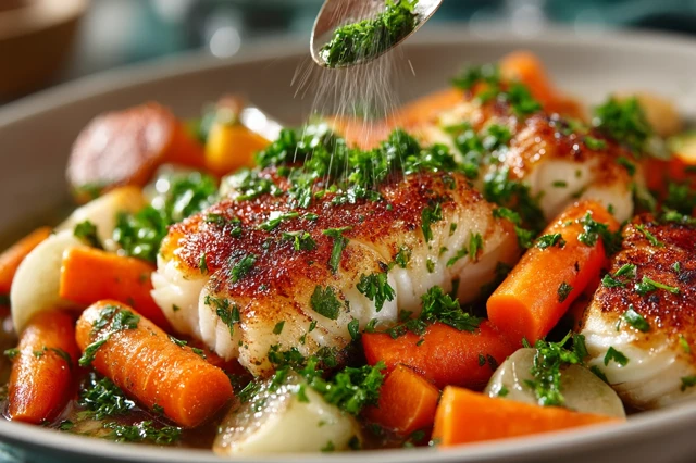 Chef Plating Fish Fillet with Fresh Vegetables