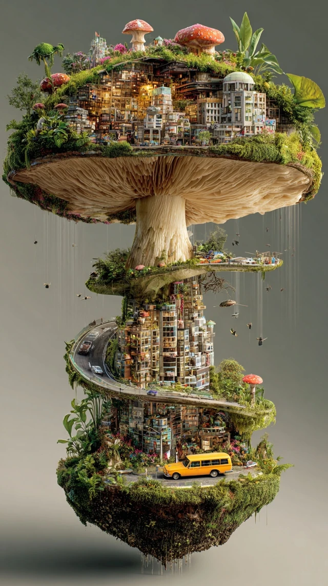 Futuristic Mushroom City Inside Highly Detailed Artwork