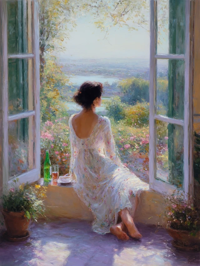Impressionist Oil Painting Window View Sunlight