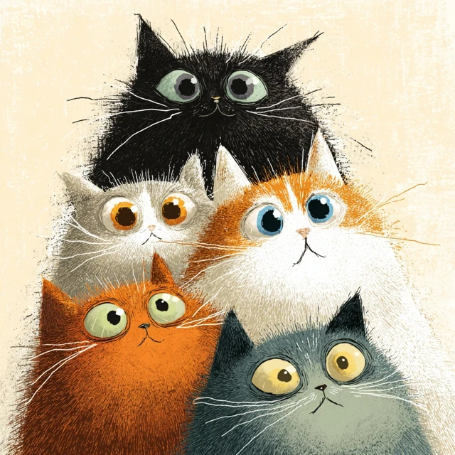 Cute Cats Illustration Colorful Eyes Stacked Up