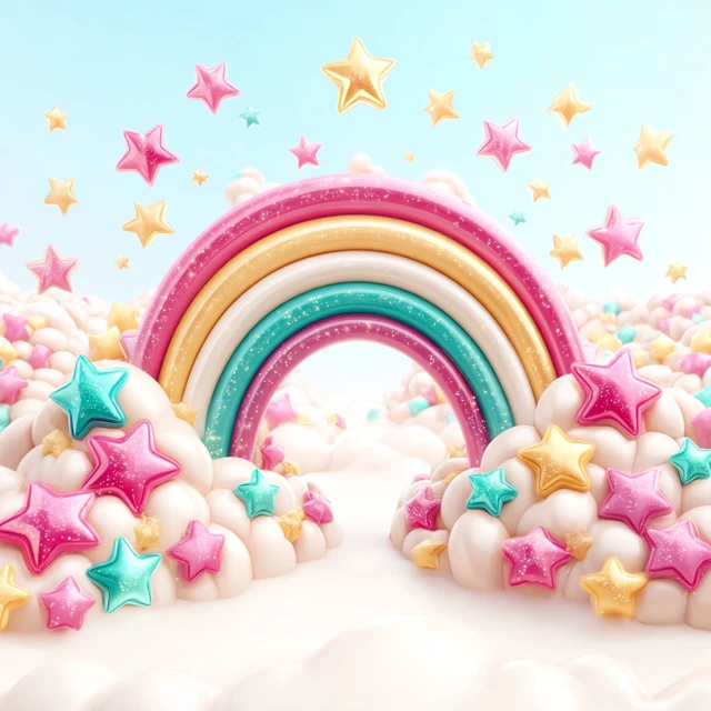 Magical Rainbow Fantasy Scene with Clouds and Stars