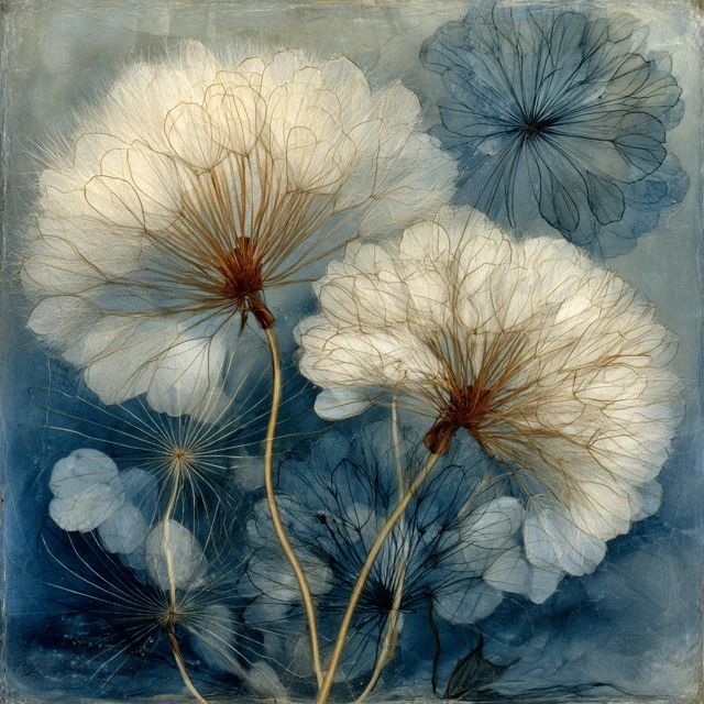 Translucent Flower Heads Cyanotype Art