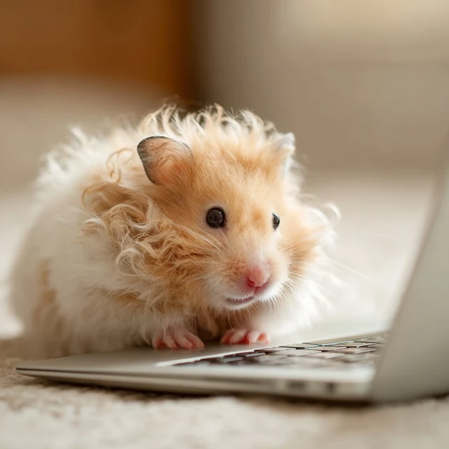 Hamster with Curly Hair Working on Laptop