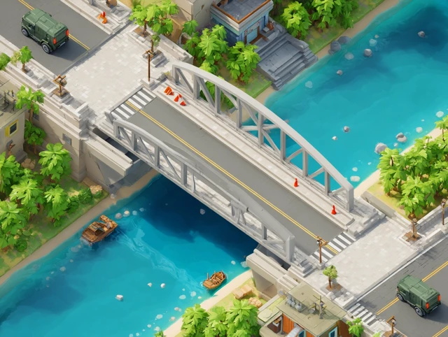 Isometric Game Design Cross River Bridge 3D Rendering