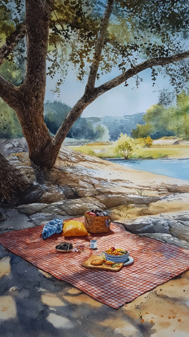 Picnic by the lake Watercolor Painting