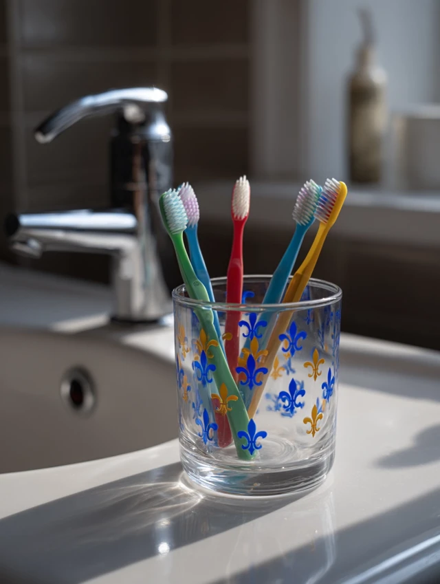Toothbrushes in Glass Quebec Flag Design Morning Light