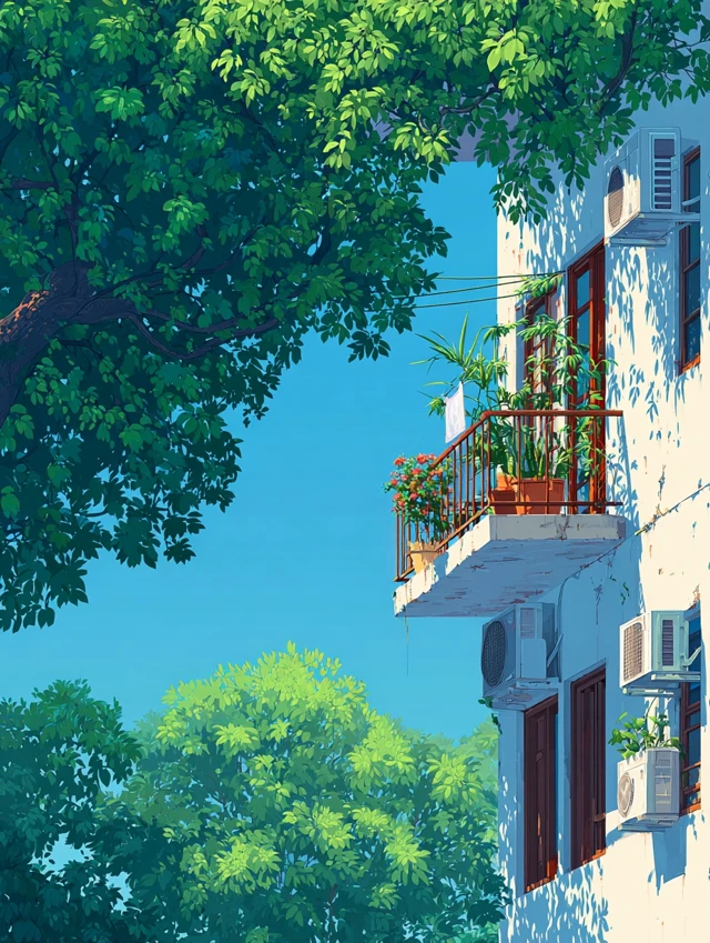 Minimalist Cityscape Building with Lush Greenery Anime Art