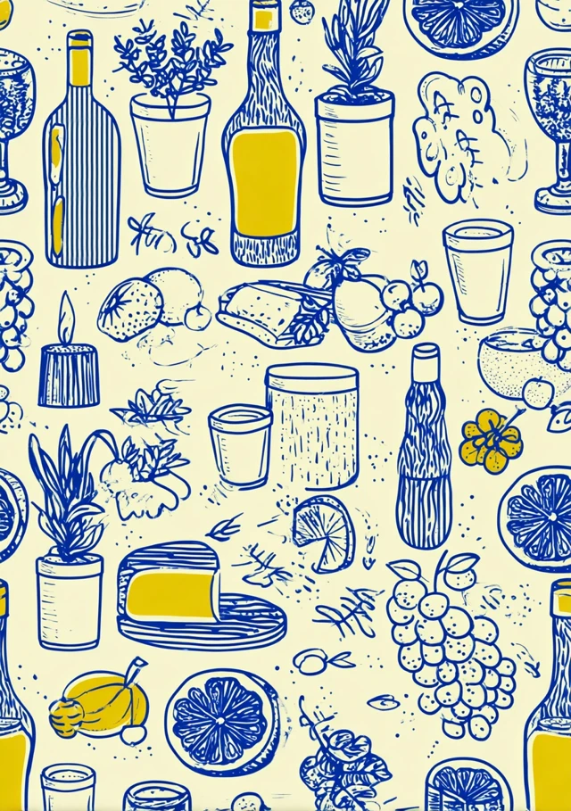 Vintage Food Pattern Blue Yellow Illustration