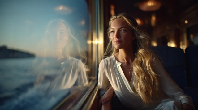 Elegant Woman on Ferry Watching Sunset