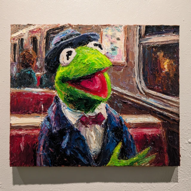 Kermit the Frog on NYC Subway Impasto Painting