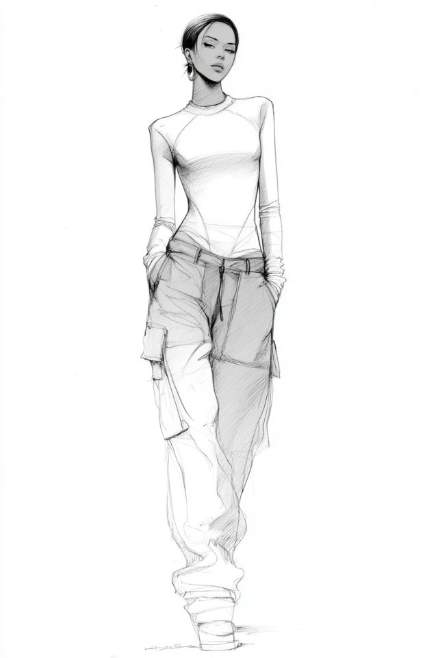 Fashion Sketch: Woman in Top and Cargo Pants