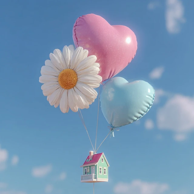 Balloons and House 3D Rendering