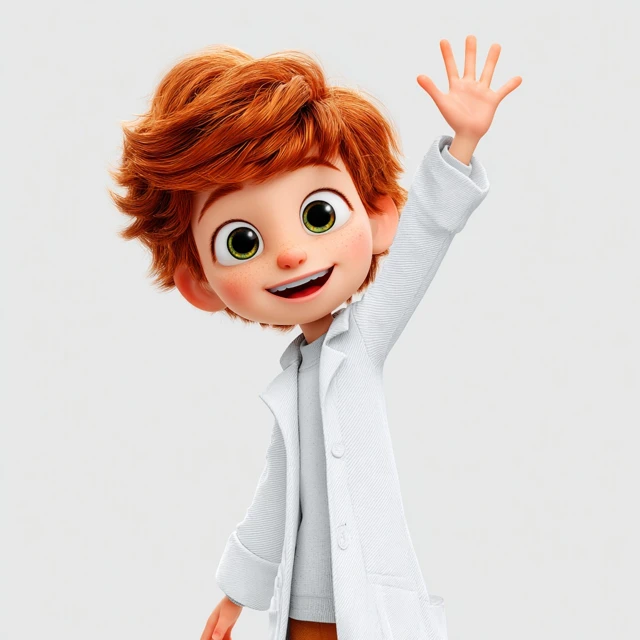 Pixar Boy in Lab Coat Smiling and Waving
