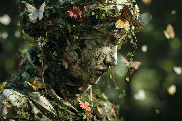 Mysterious Statue Butterfly Summer Illustration